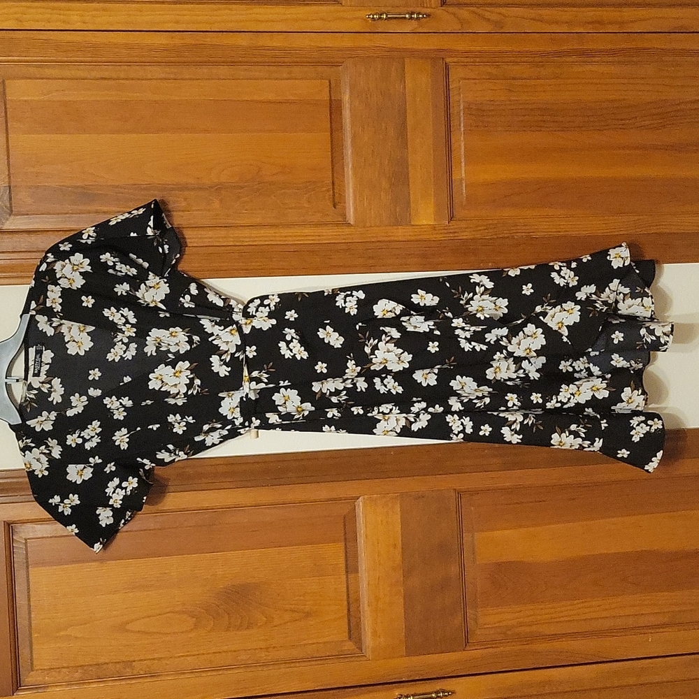 Nasty Gal Floral Ruffle Wrap Dress Black White